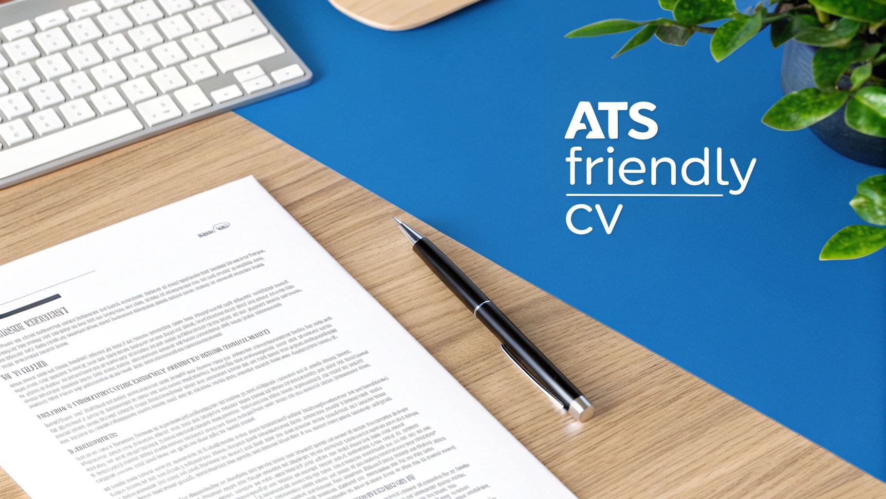 Professional desk setup with ATS-friendly UK CV document next to laptop keyboard, black pen and green plant for applicant tracking system optimisation