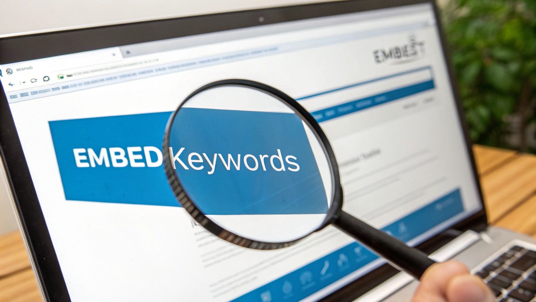 Magnifying glass highlighting EMBED Keywords text on laptop screen demonstrating keyword research strategy for UK ATS CV optimisation and job application success