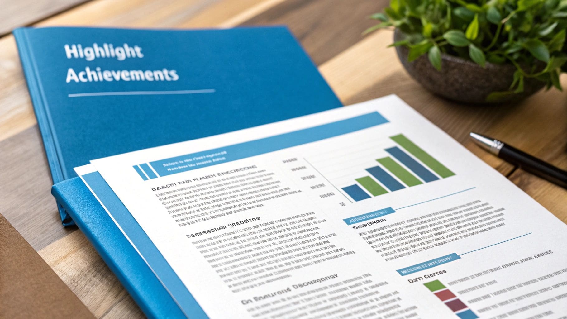 Blue folder displaying Highlight Achievements text on wooden desk with business documents, performance charts and black pen for UK CV achievement writing