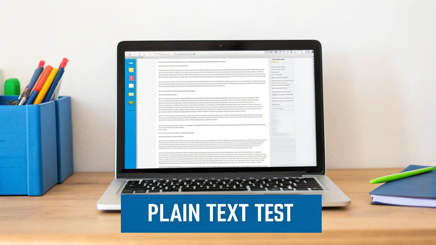 Laptop computer on wooden desk displaying text document with pen holder, notebook and PLAIN TEXT TEST banner for UK ATS CV compatibility testing