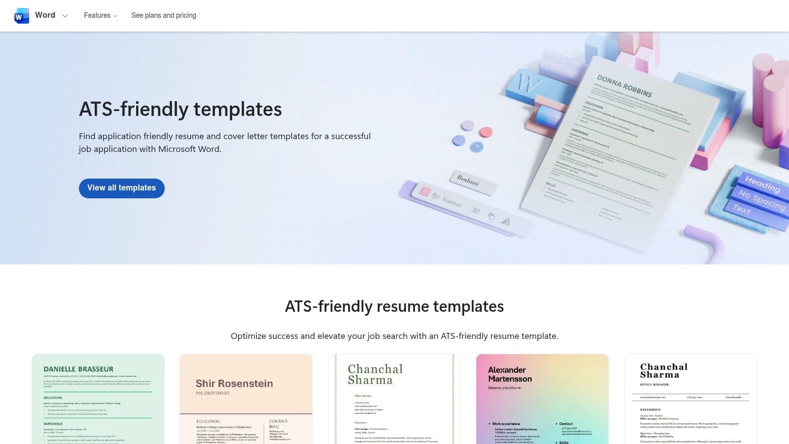 Microsoft Create website displaying collection of professional resume templates in Word format with ATS-friendly layouts for US job applications