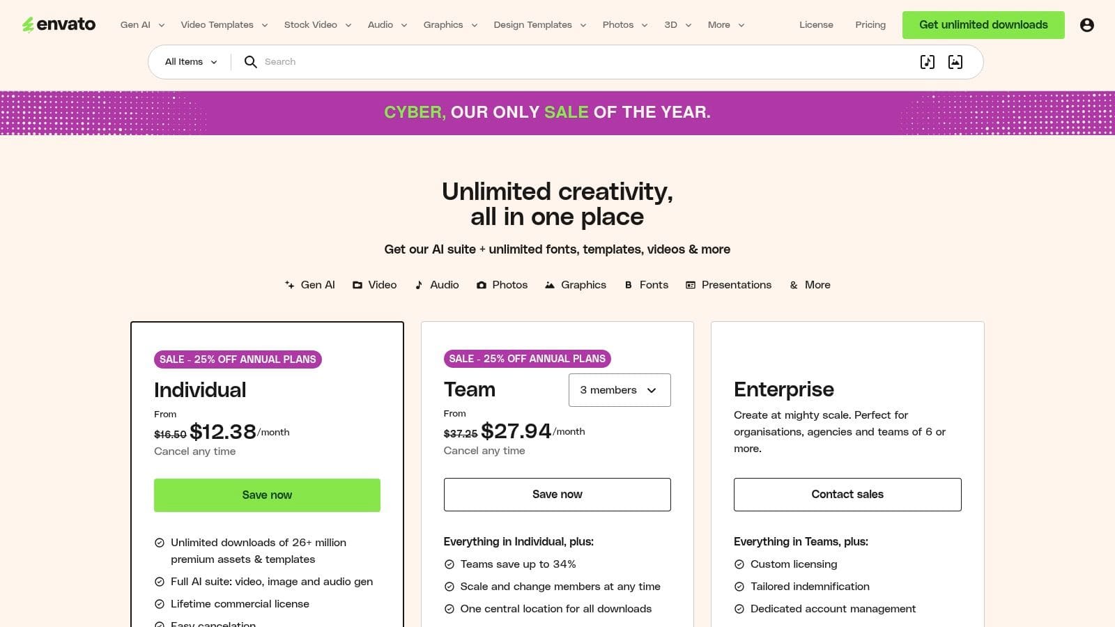 Envato Elements pricing plans page showing subscription tiers for unlimited downloads of premium resume templates and creative assets