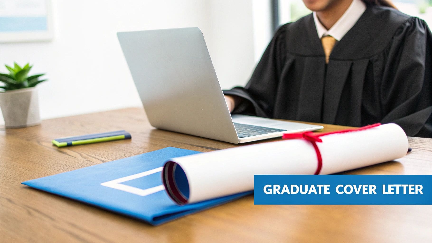Recent graduate in black gown at wooden desk with laptop computer, diploma certificate and Graduate Cover Letter banner for UK job applications