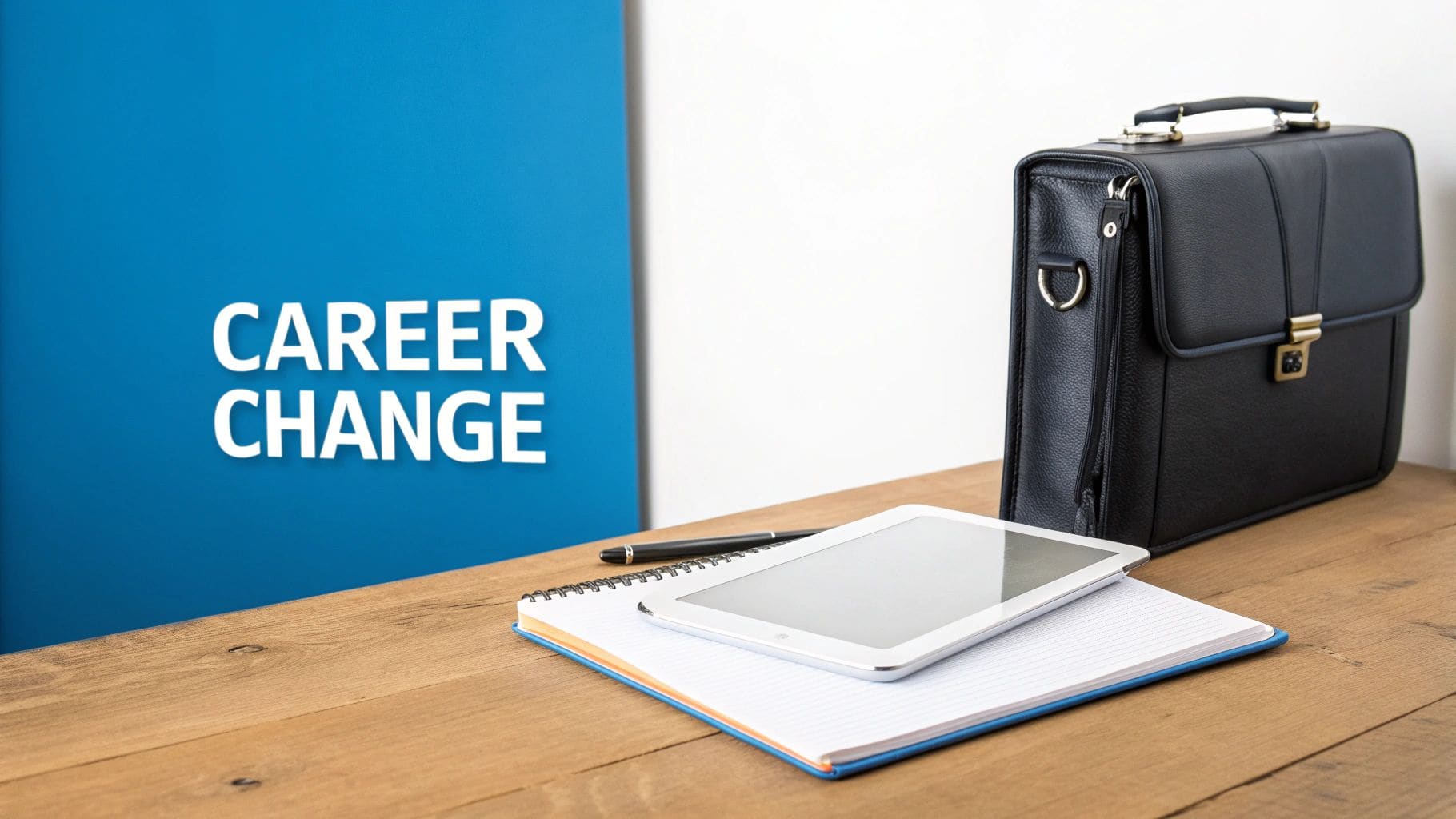 Black professional briefcase, tablet and open notebook on wooden desk next to blue CAREER CHANGE sign for UK job transition applications