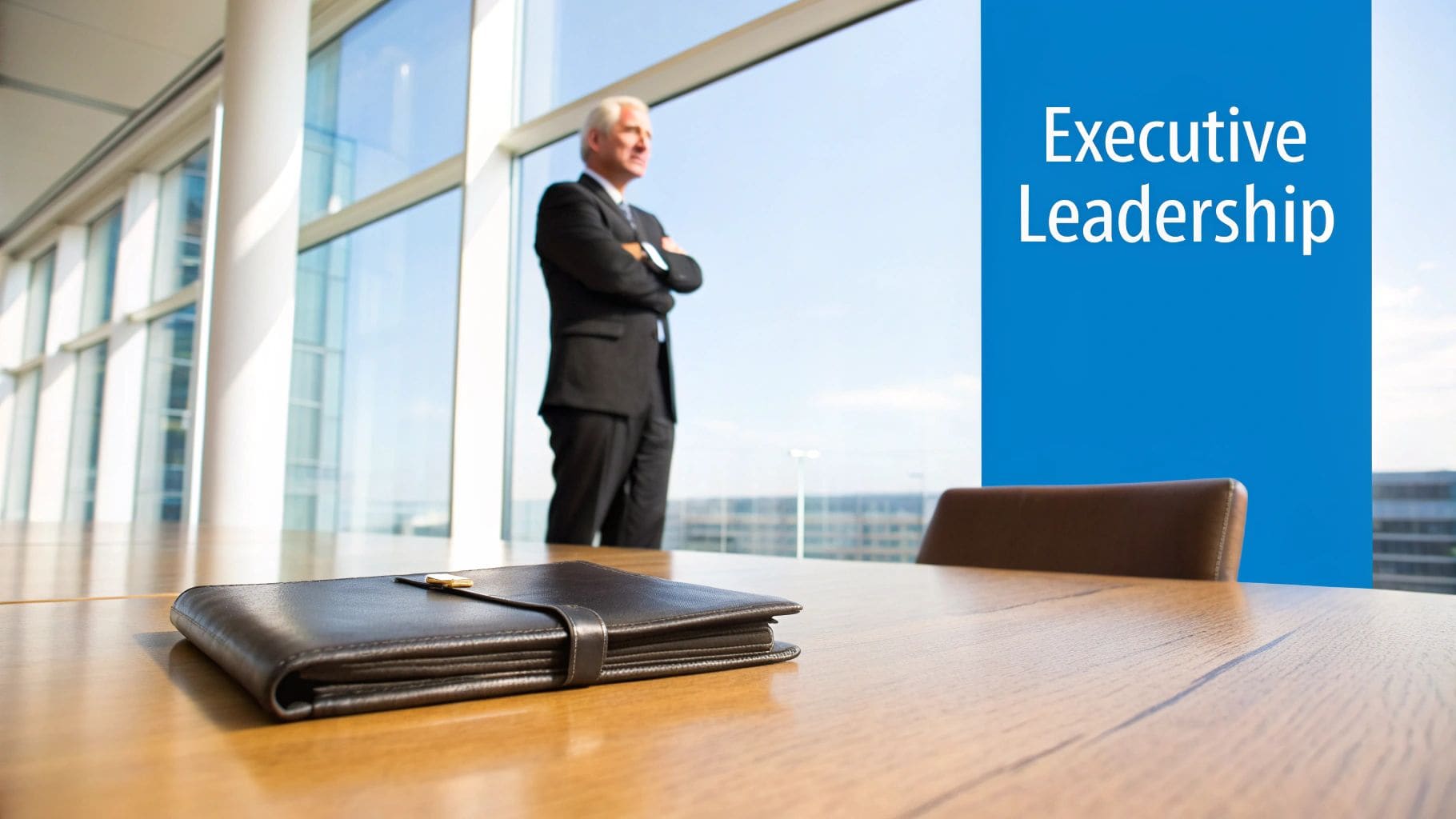 Professional businessman in suit standing confidently by large office window contemplating strategy with executive binder on wooden table for senior UK leadership roles
