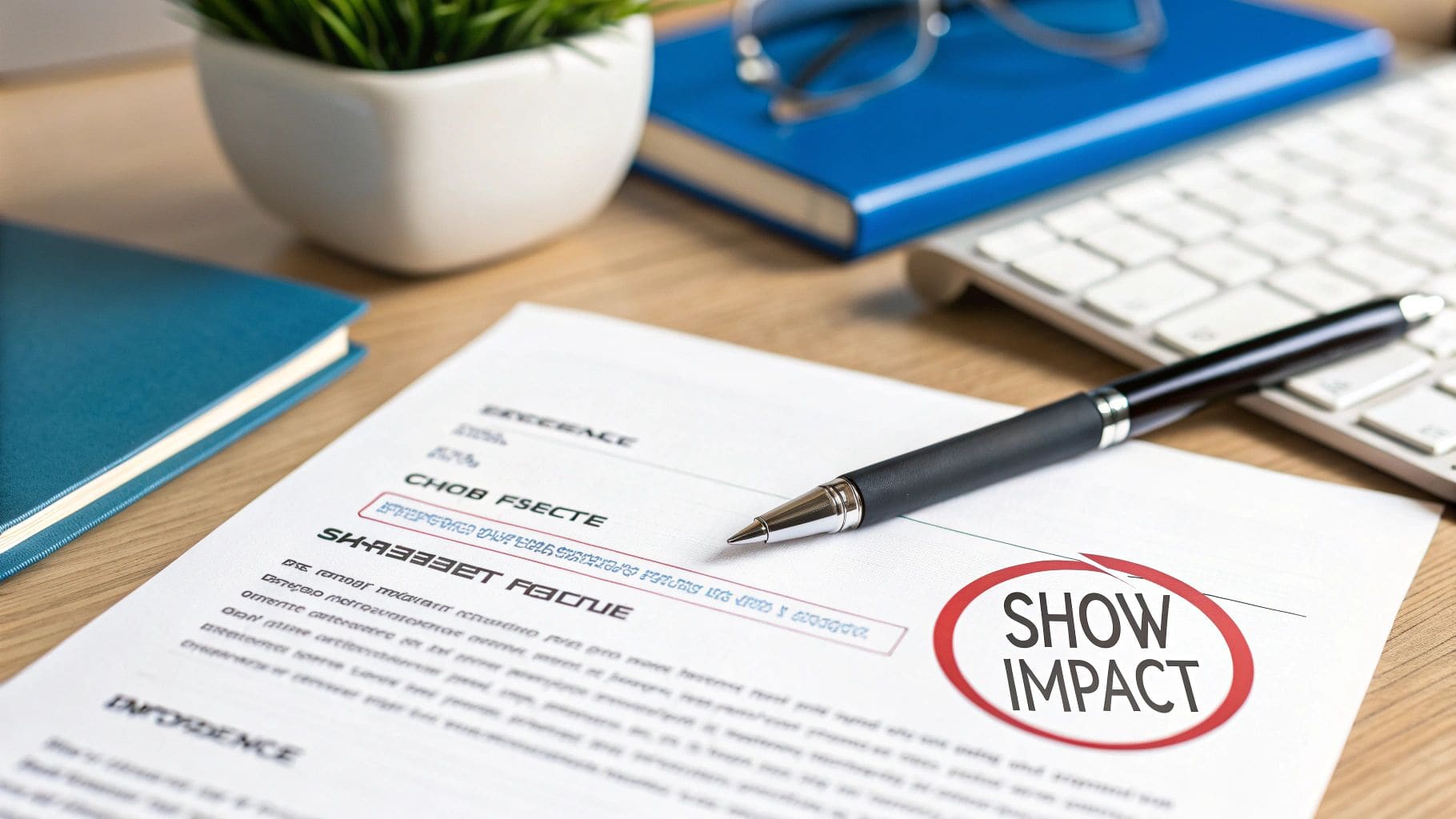 Red pen circling SHOW IMPACT text on CV document with office supplies for demonstrating achievement-based CV improvements