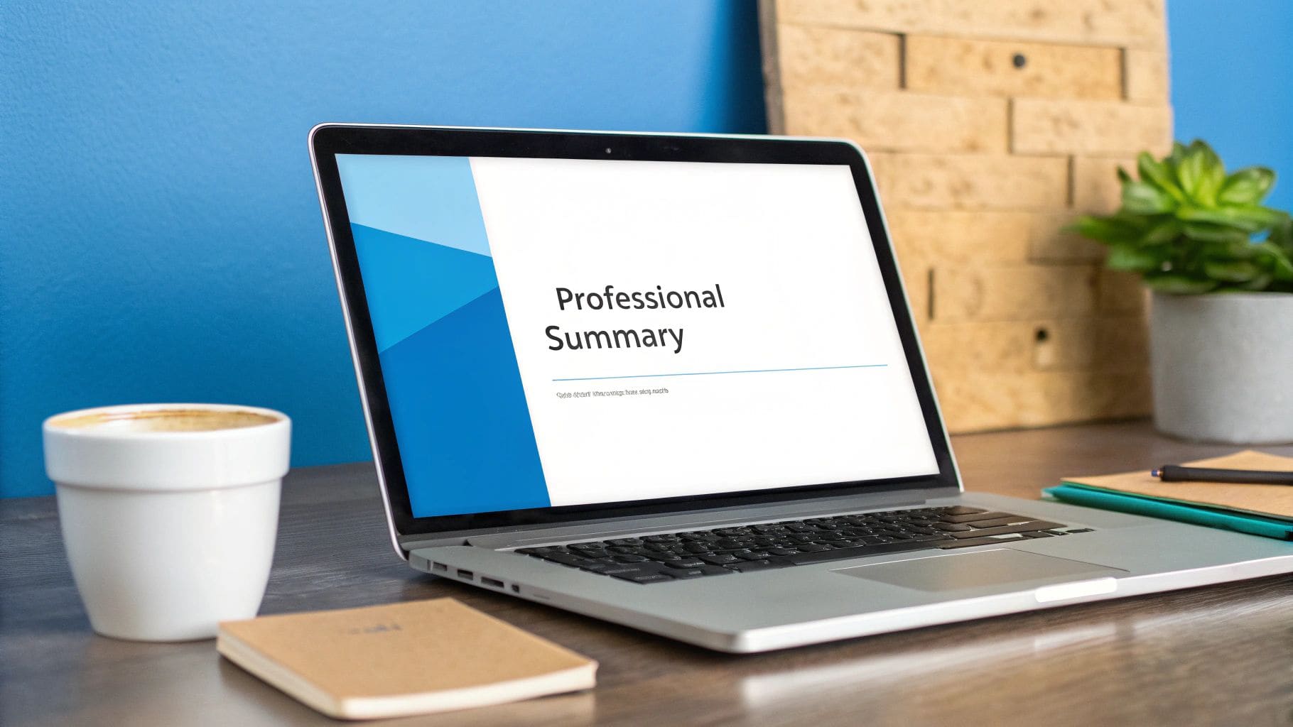 Laptop screen displaying Professional Summary text on modern desk with coffee cup, notebooks and plant for CV writing tips