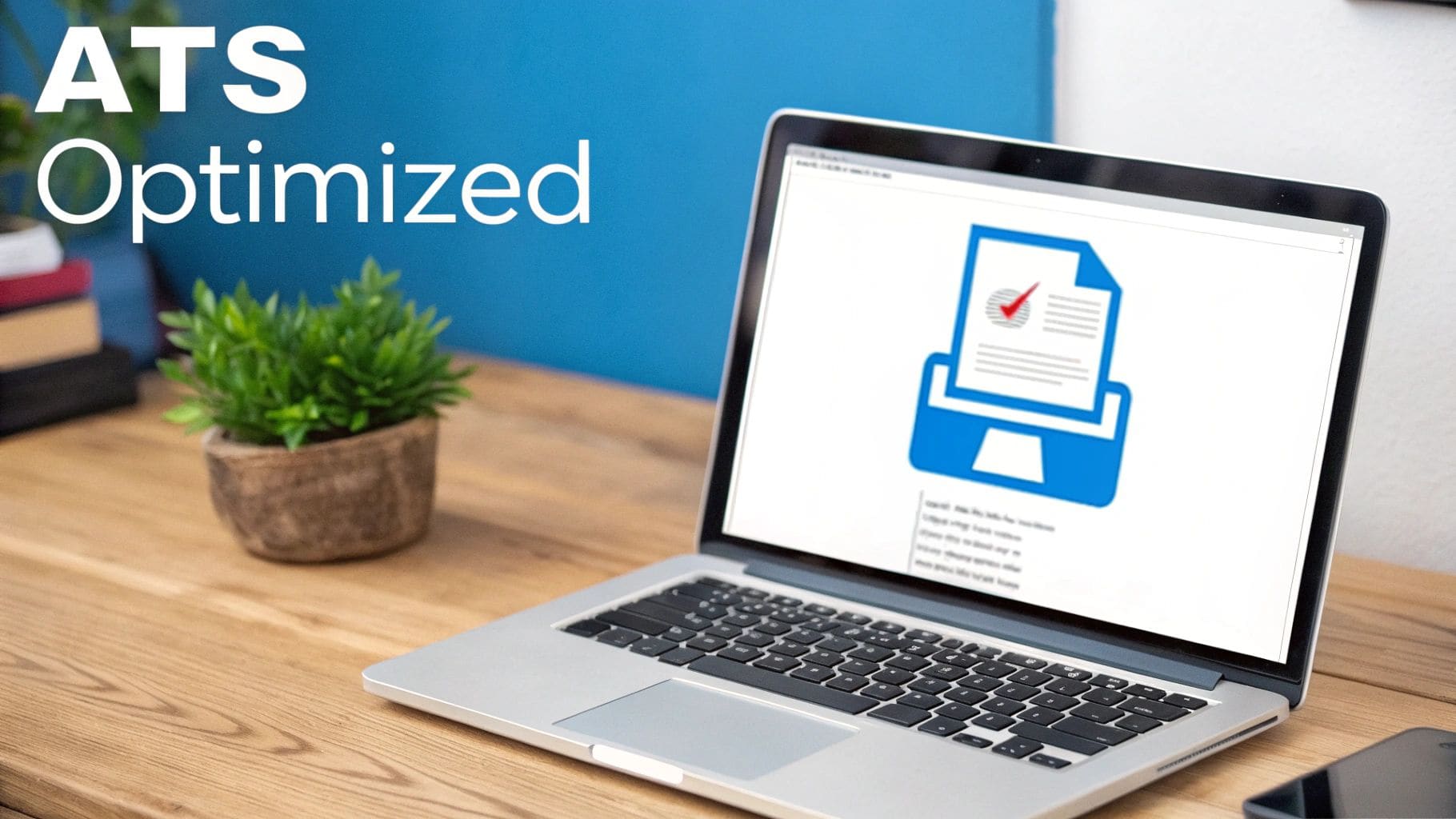 Laptop on wooden desk showing ATS Optimized resume icon for applicant tracking system compatibility guide
