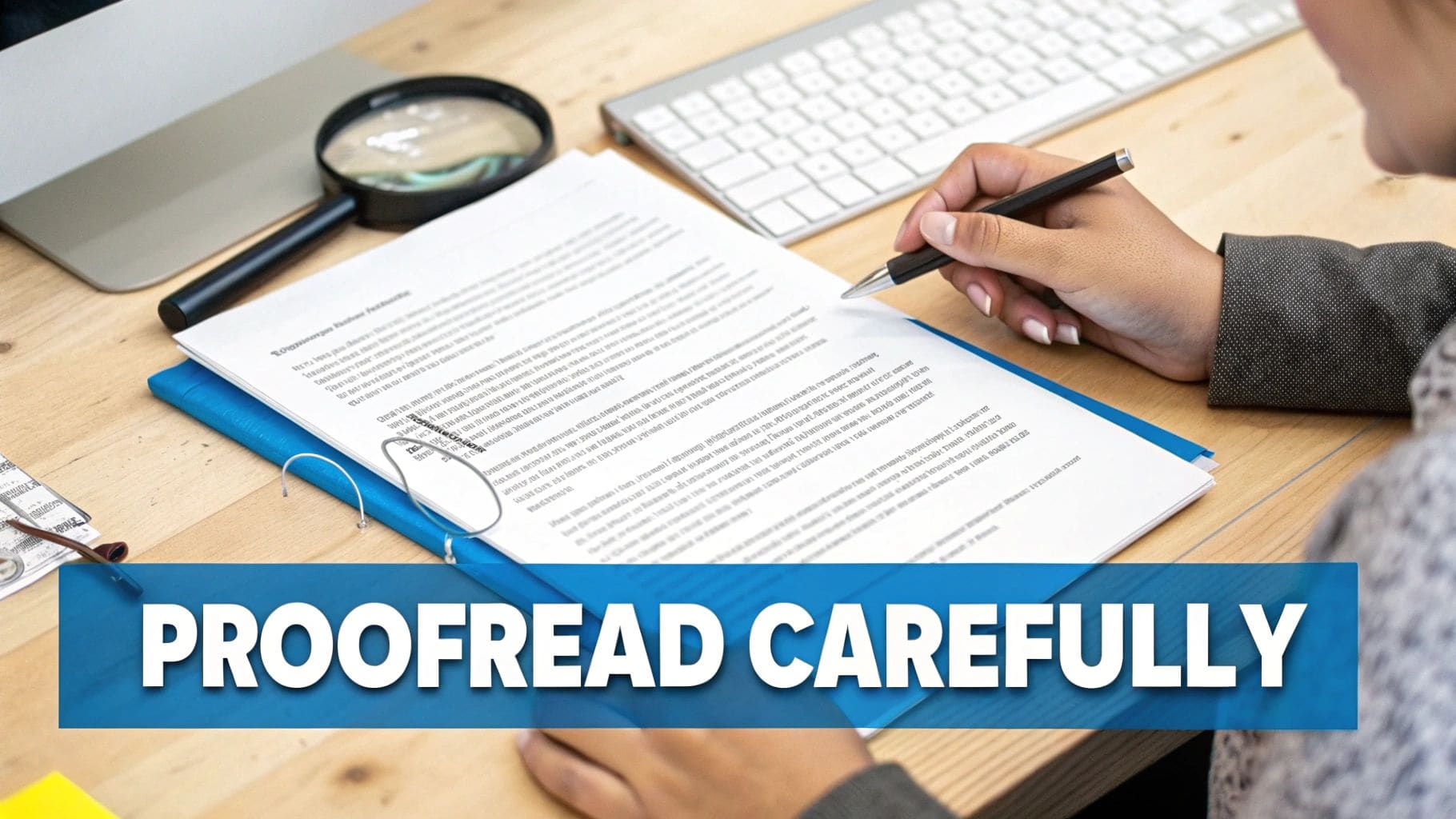 Professional carefully proofreading CV document on desk with magnifying glass and keyboard for quality control