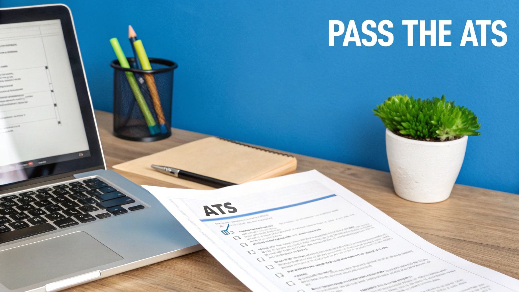Professional desk setup with laptop, ATS document, pen and plant with PASS THE ATS text for CV optimization guide