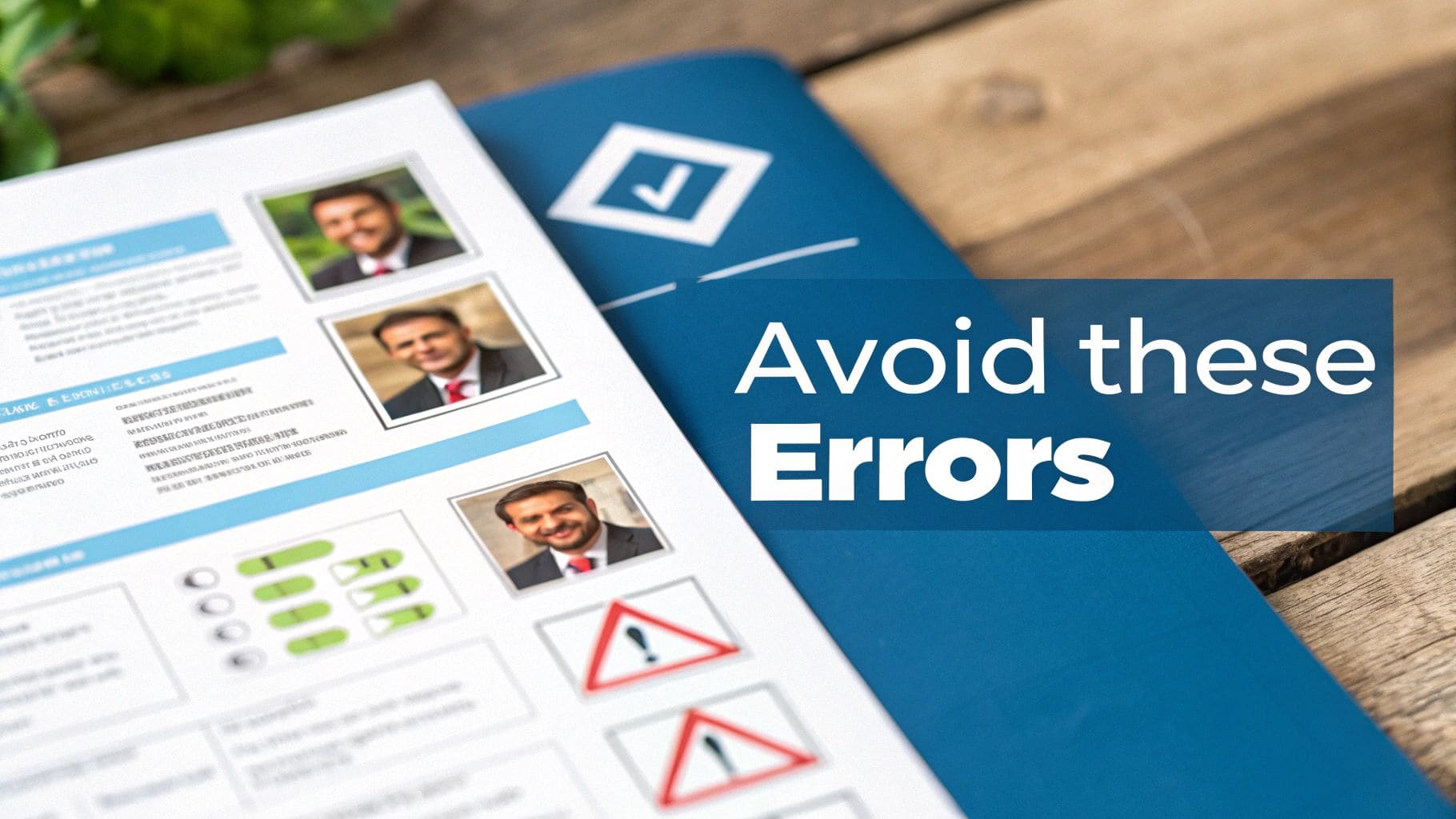 CV document with photos, progress bars and warning signs next to blue folder with Avoid these Errors text for ATS rejection prevention