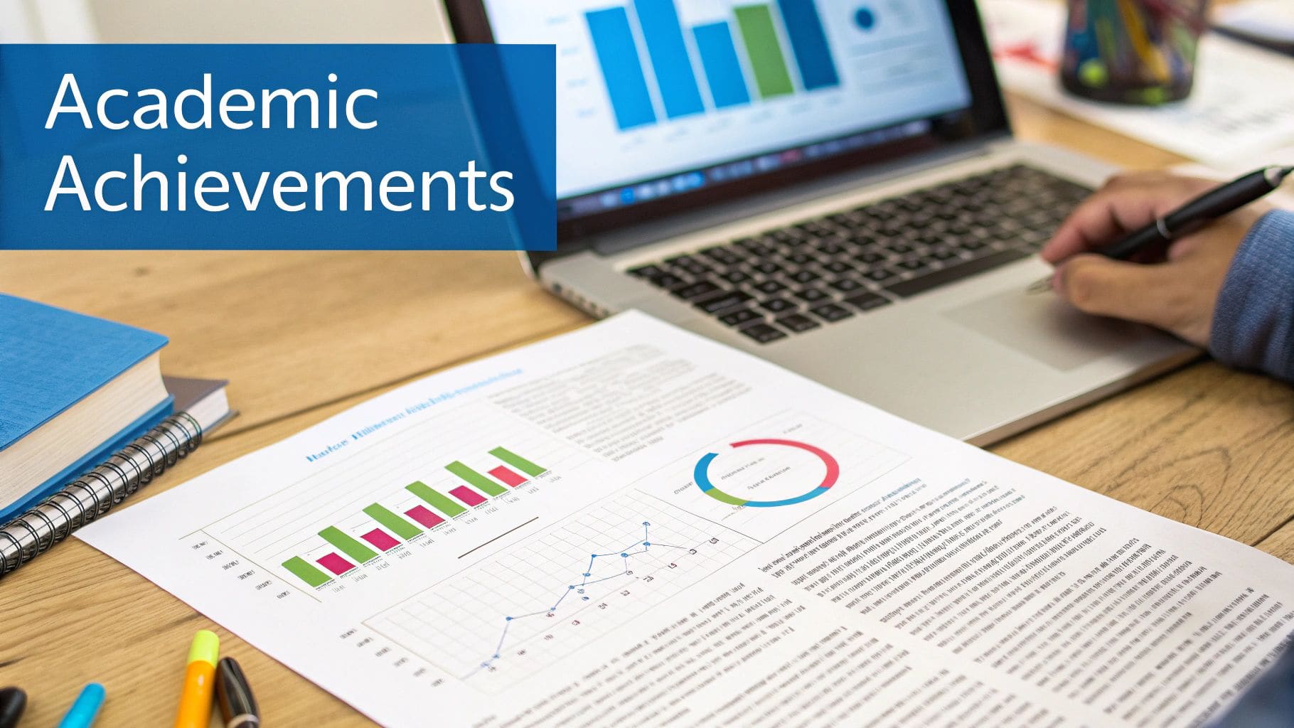 Professional reviewing detailed charts and graphs on laptop and printed documents analysing academic achievements for post graduate resume