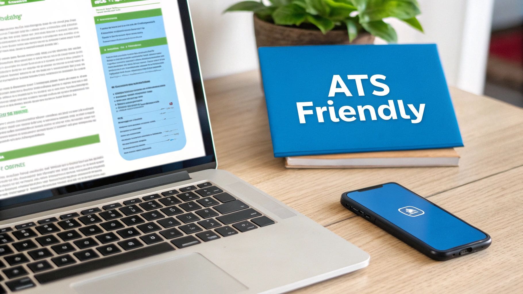 Modern laptop with ATS Friendly guidebook and smartphone on professional desk for applicant tracking system resume optimization