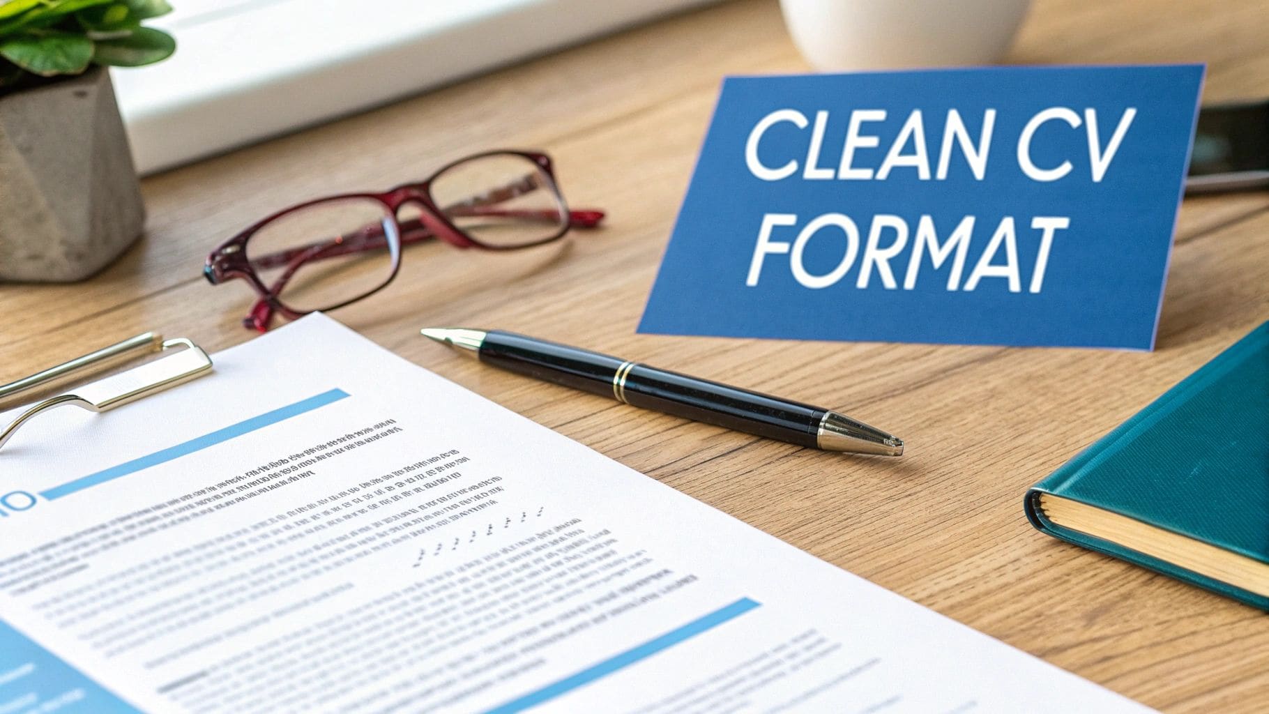 Clean CV document with pen, reading glasses and blue CLEAN CV FORMAT sign on wooden desk for ATS optimization guide