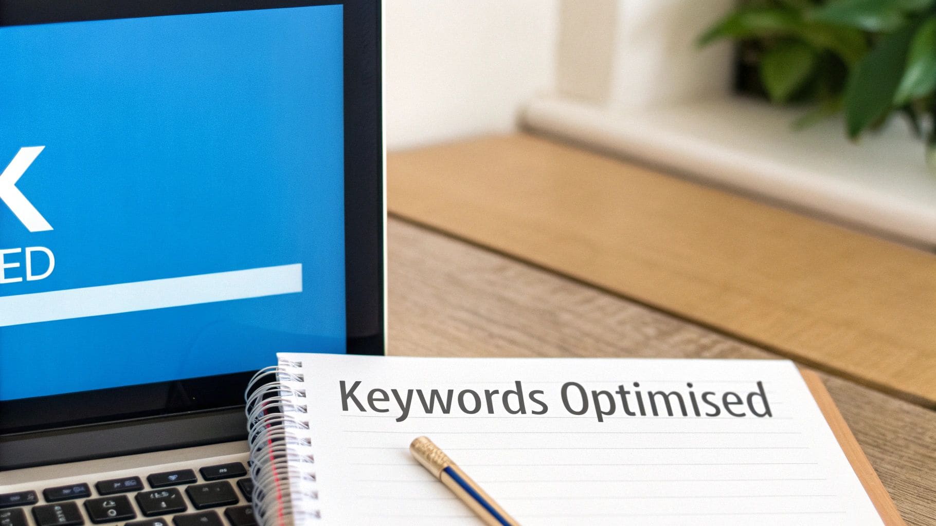 Notebook on wooden desk displaying Keywords Optimised text next to laptop screen for CV keyword optimization strategy