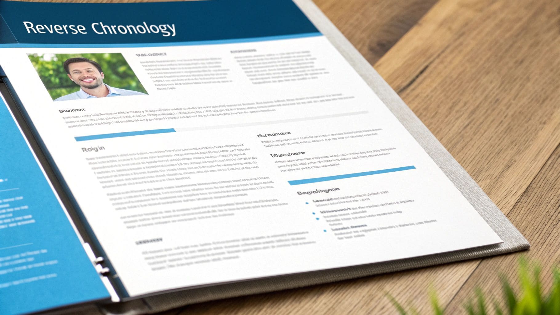 Professional ATS-friendly CV template document with smiling man photo open on wooden desk for UK job applications