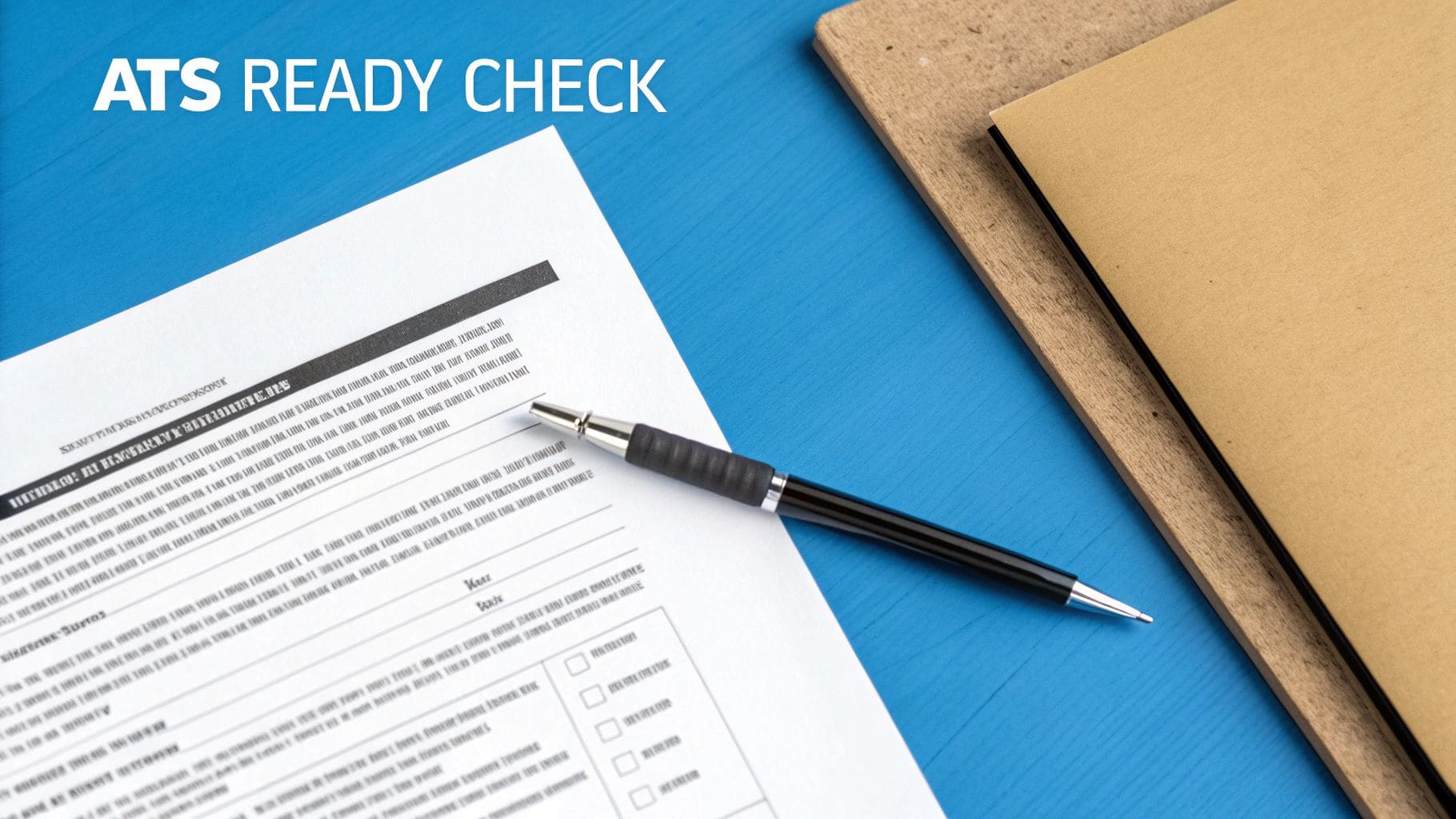 ATS READY CHECK document with pen on blue desk next to brown folders for final CV review and verification