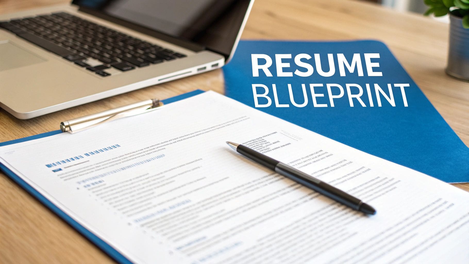 Professional resume document with pen on wooden desk next to laptop and blue Resume Blueprint folder for ATS template guide