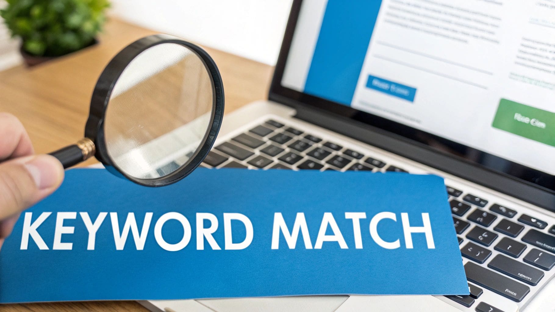 Hand holding magnifying glass over blue KEYWORD MATCH card on laptop keyboard for ATS keyword optimization strategy