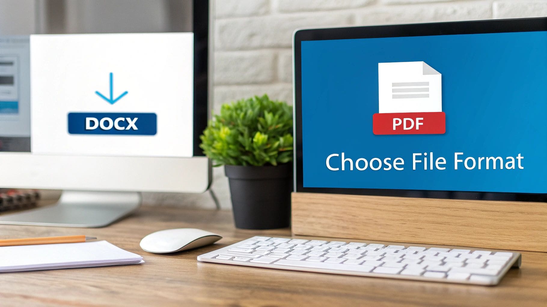 Two computer screens displaying DOCX and PDF file format options on modern office desk setup for ATS resume submission