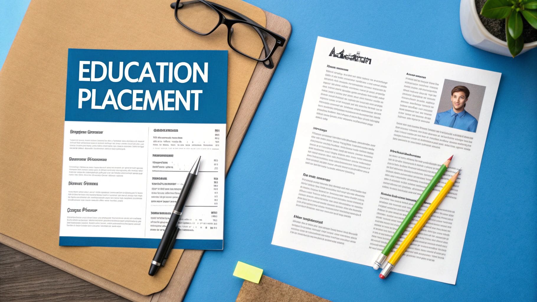 Flat lay of education placement documents with glasses, pen and coloured pencils on blue and brown backgrounds for resume formatting guide