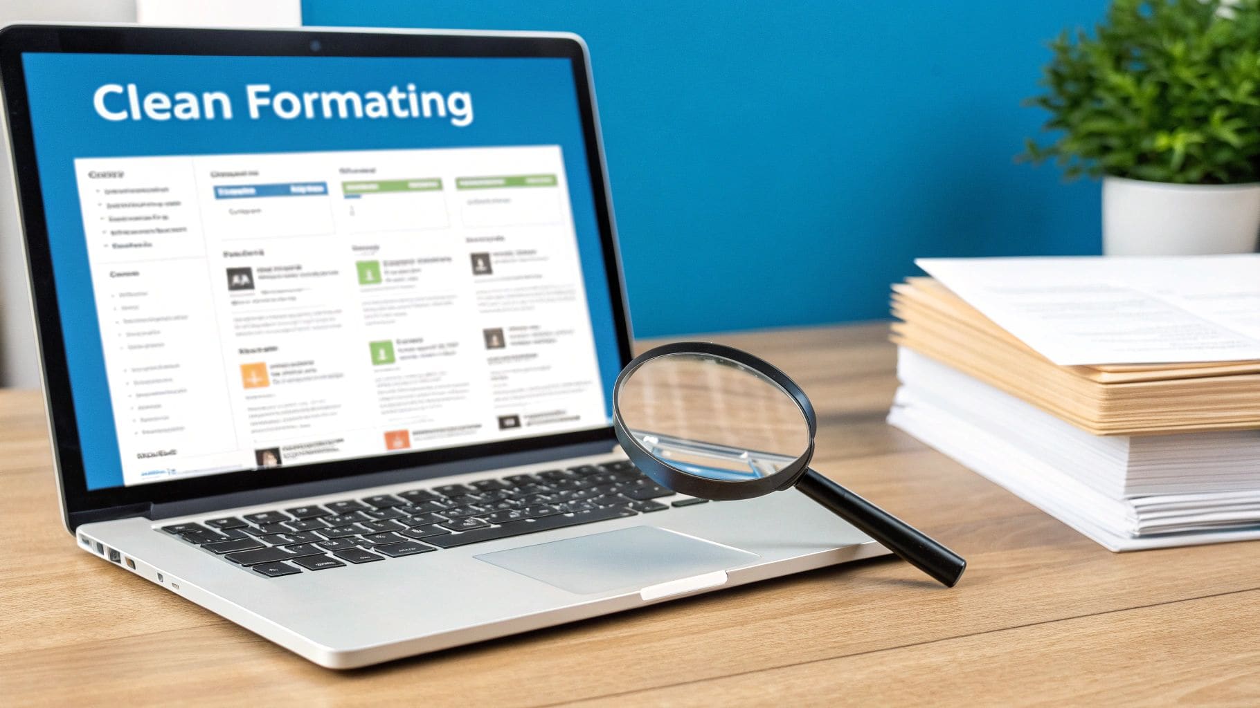 Laptop displaying Clean Formatting on screen with magnifying glass on keyboard and stacks of paper for professional resume layout