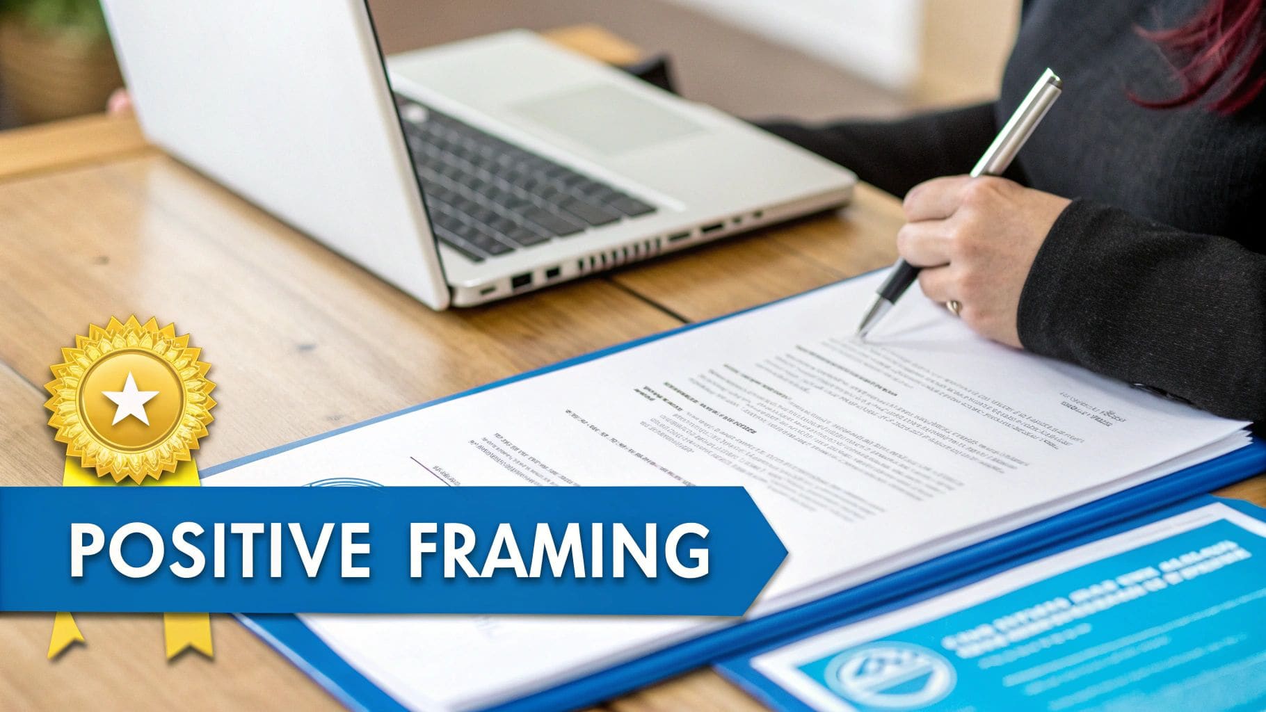 Professional hand signing document on wooden desk with laptop and POSITIVE FRAMING banner for career transition guidance