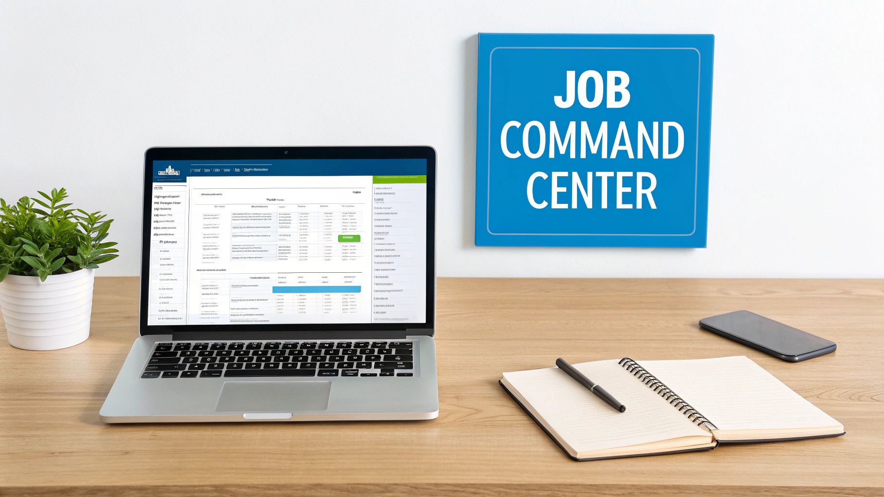 Professional workspace with laptop displaying job tracking dashboard, plant, notebook and JOB COMMAND CENTER sign for organised job search