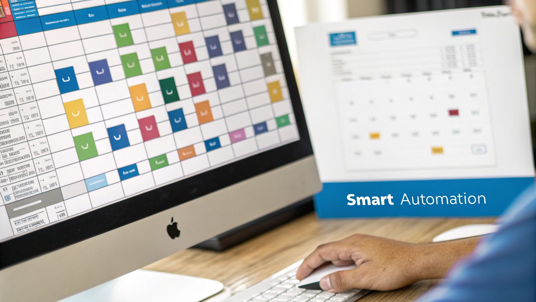 Person using computer with colourful grid application interface next to Smart Automation calendar for job tracking efficiency