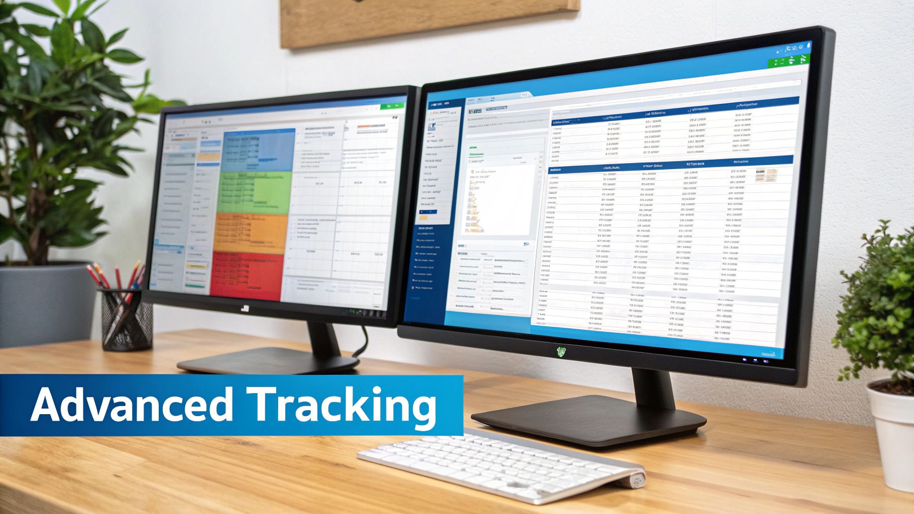 Two computer monitors showing advanced tracking software with data grids and spreadsheets on wooden desk for professional job application management