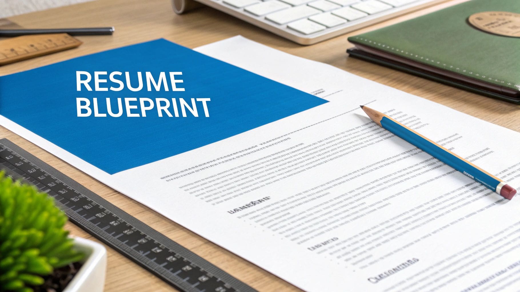 Resume blueprint document on wooden desk with pencil, ruler, keyboard and notebook for professional US resume formatting guide