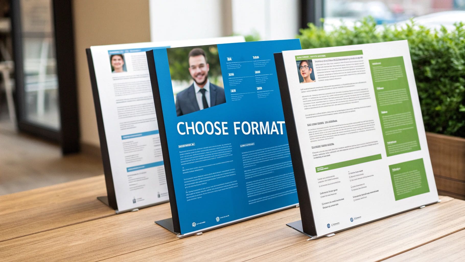 Three different resume examples displayed on presentation stands showcasing various US formatting options and styles