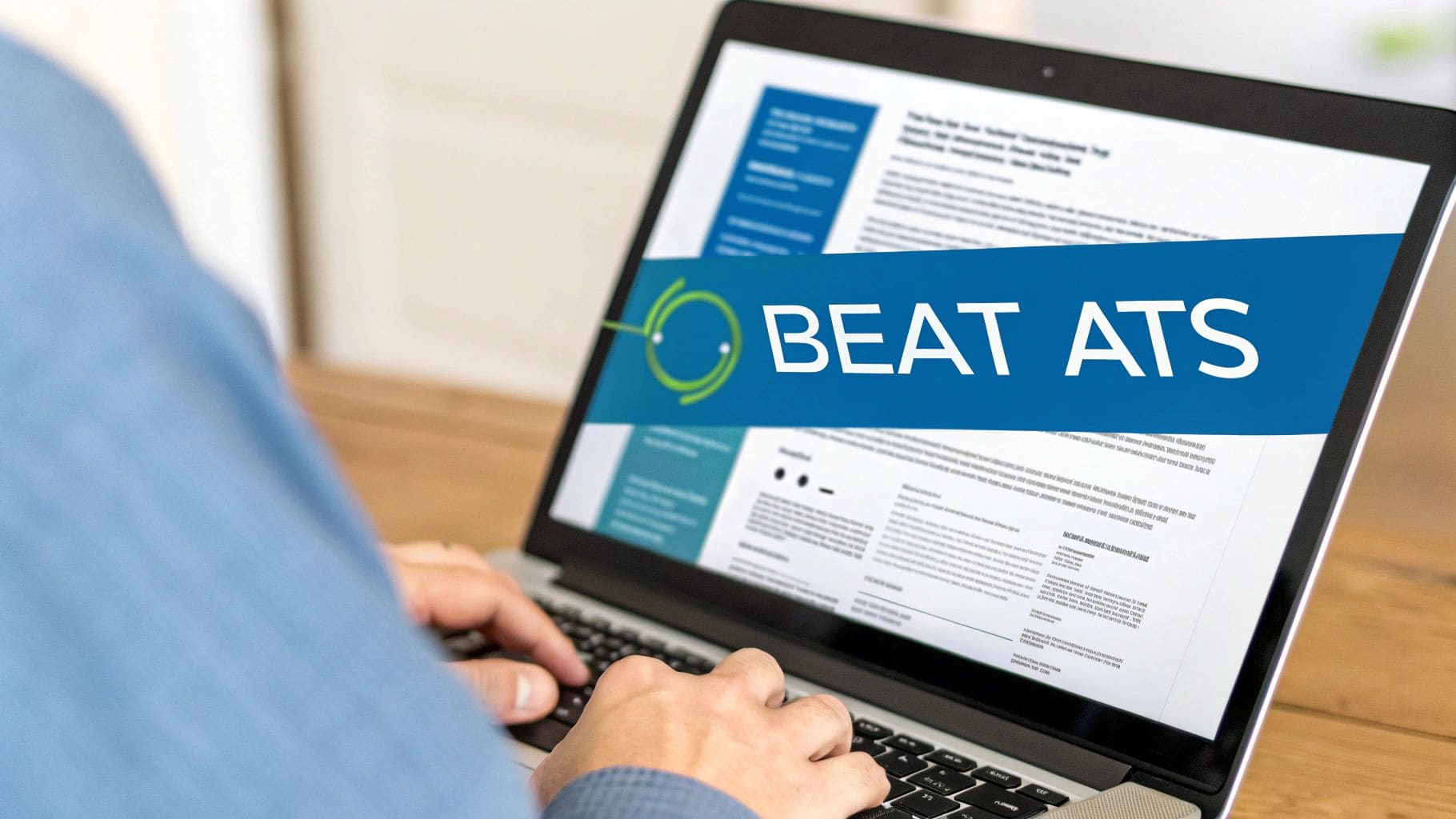 Person typing on laptop displaying resume document with prominent BEAT ATS banner for applicant tracking system optimization