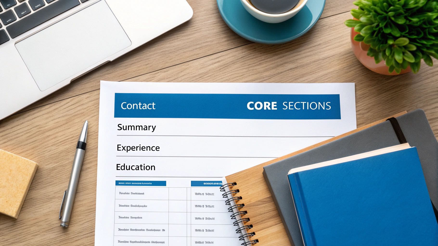 Professional resume document open on wooden desk with laptop, pen and coffee highlighting essential core sections for US applications