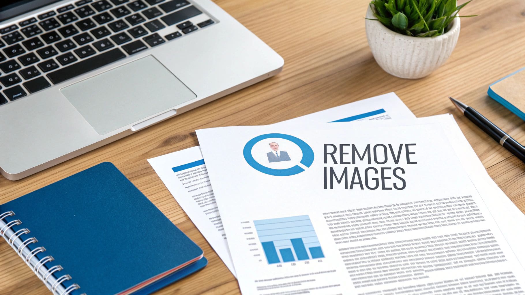 Professional office desk with laptop, blue notebook, papers, pen and potted plant for clean ATS-friendly CV workspace setup