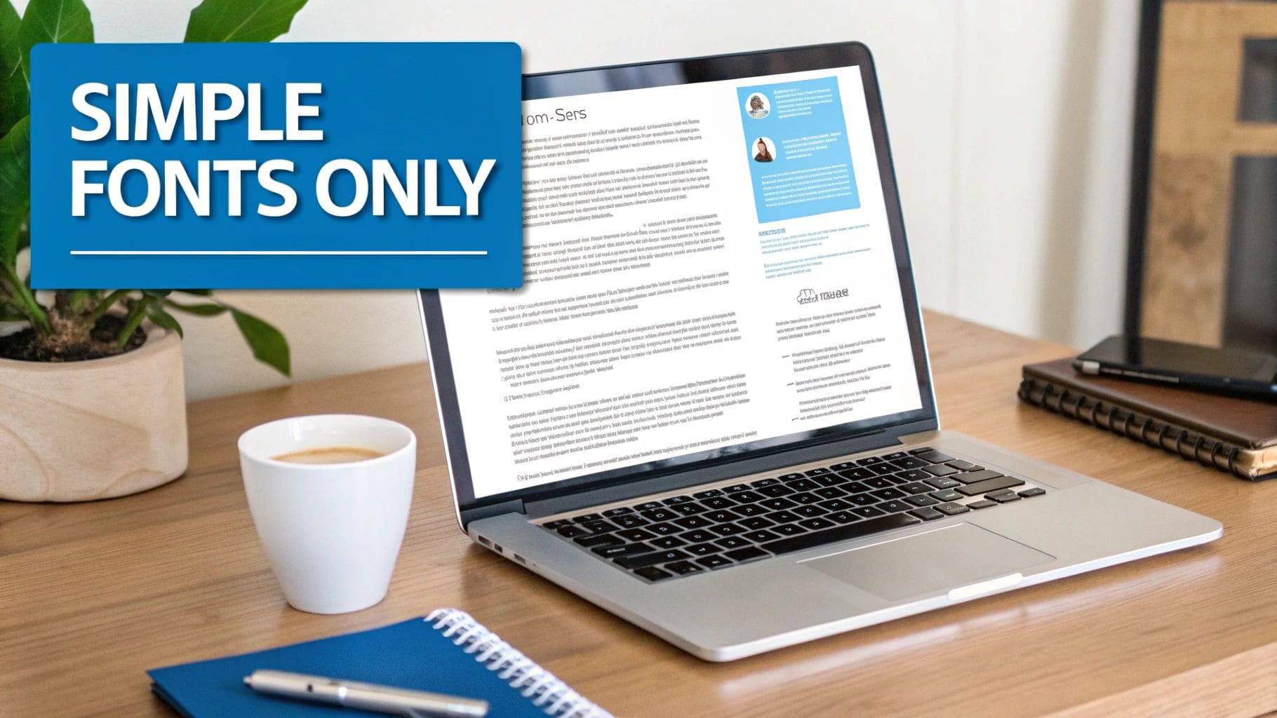 Clean wooden desk with laptop displaying document, coffee, notebook and SIMPLE FONTS ONLY banner for ATS-compliant CV formatting guidance