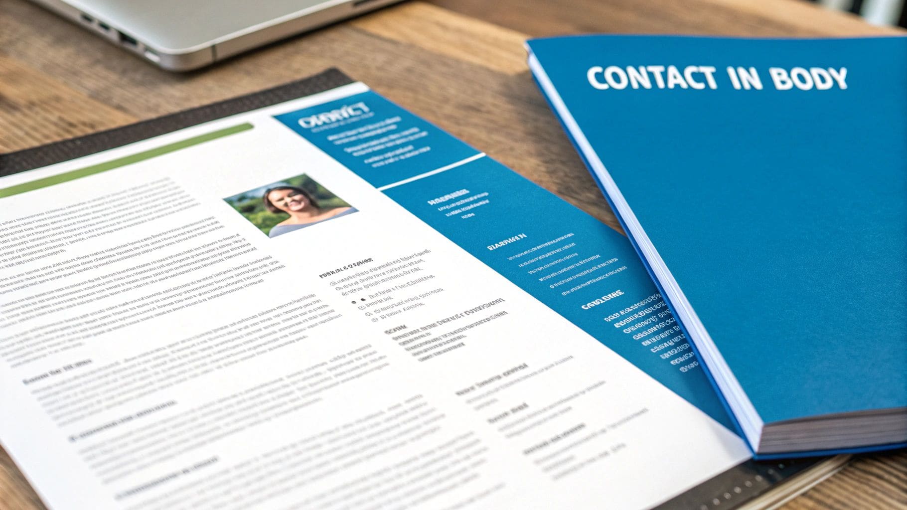 Professional resume with smiling woman photo next to blue book on wooden desk demonstrating CV presentation and contact information placement