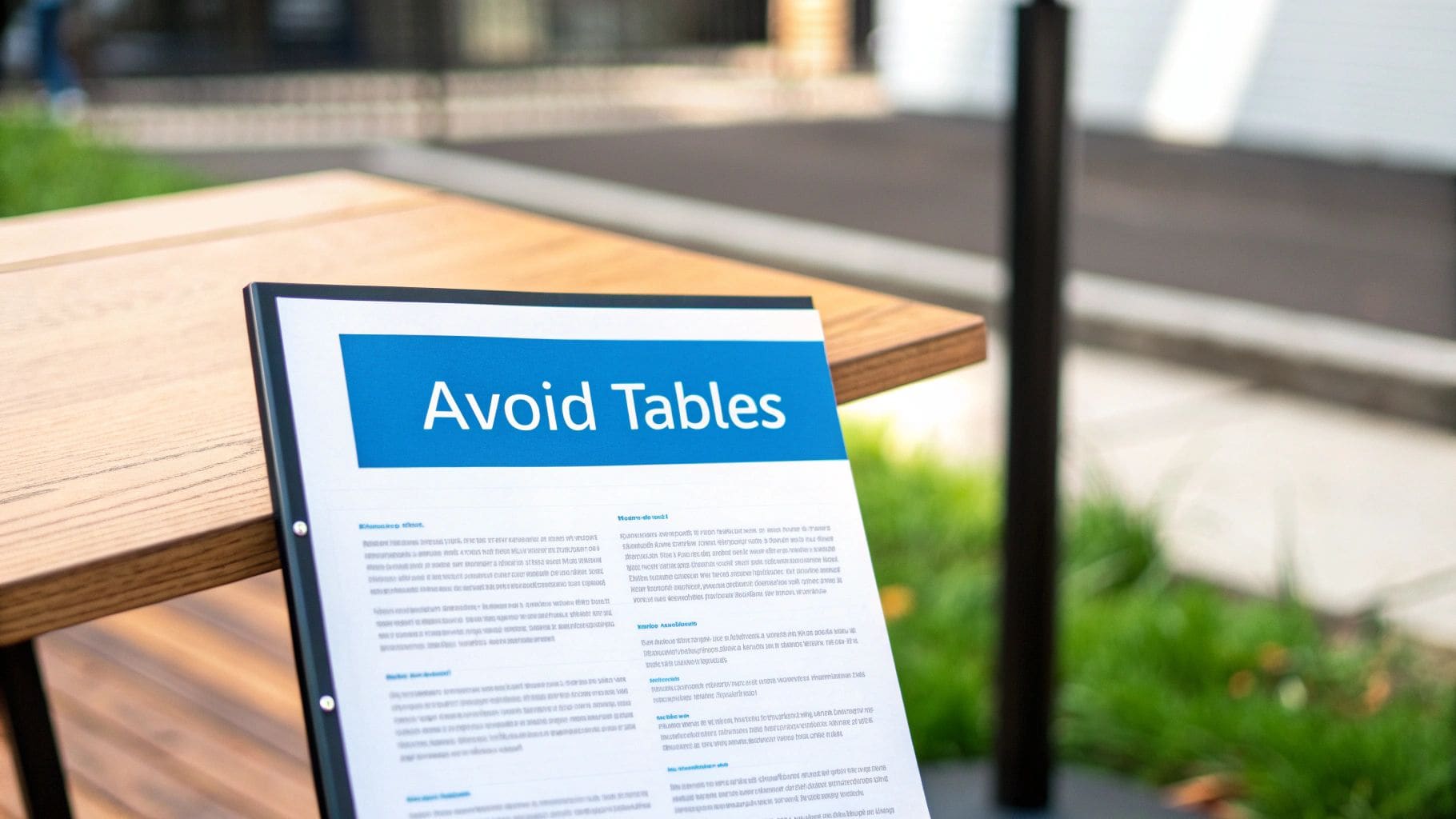 Document titled Avoid Tables resting on modern wooden outdoor table illustrating CV formatting best practices for ATS compatibility