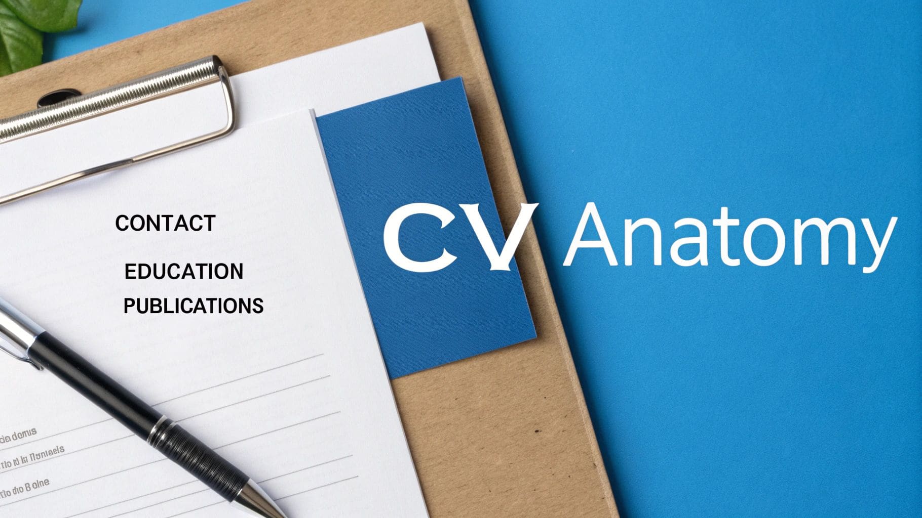 Visual representation of curriculum vitae anatomy showing structured sections including Contact, Education and Publications for professional CV layout