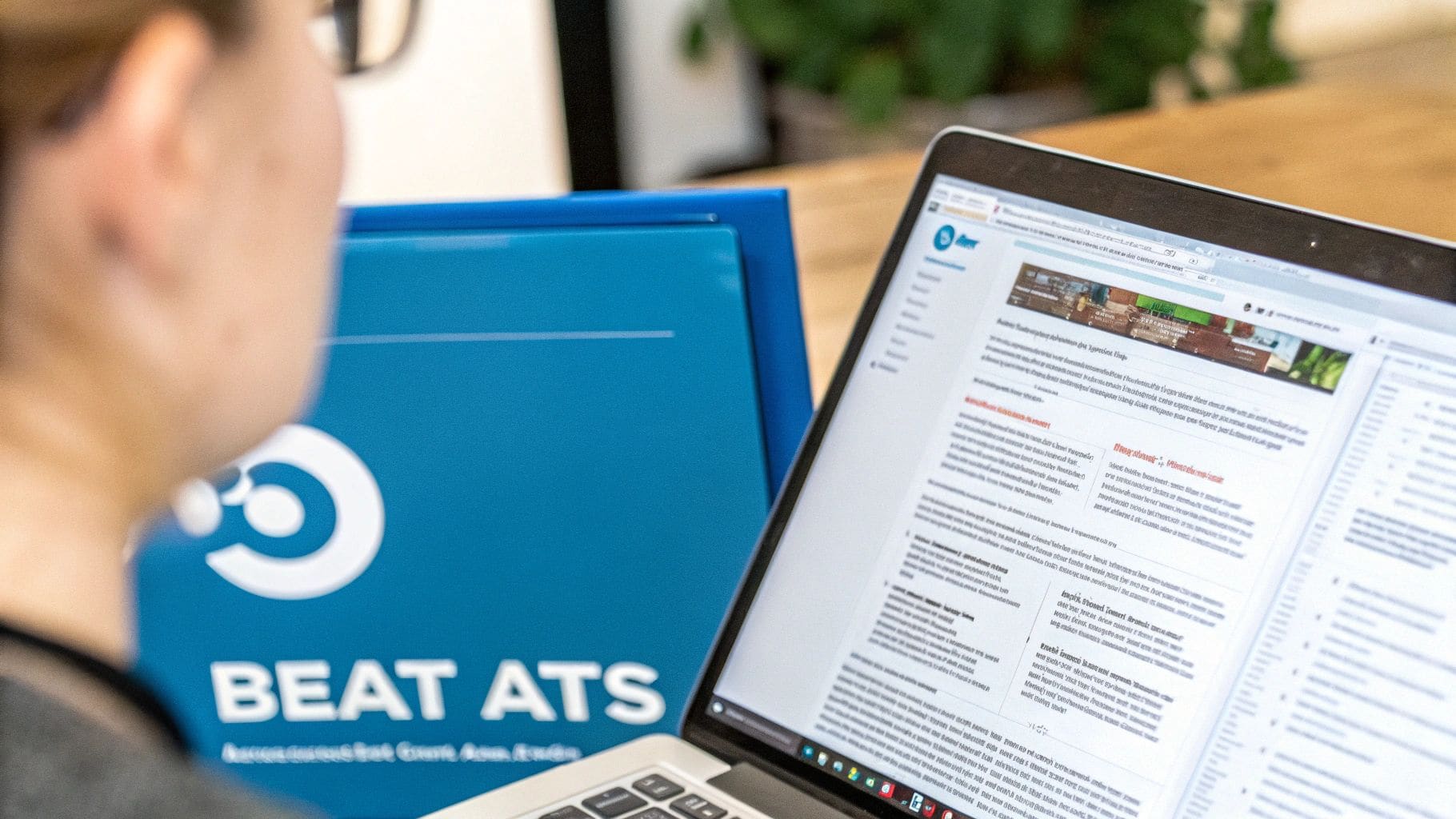 Person viewing laptop displaying webpage with articles next to blue binder labeled BEAT ATS for applicant tracking system optimisation strategies