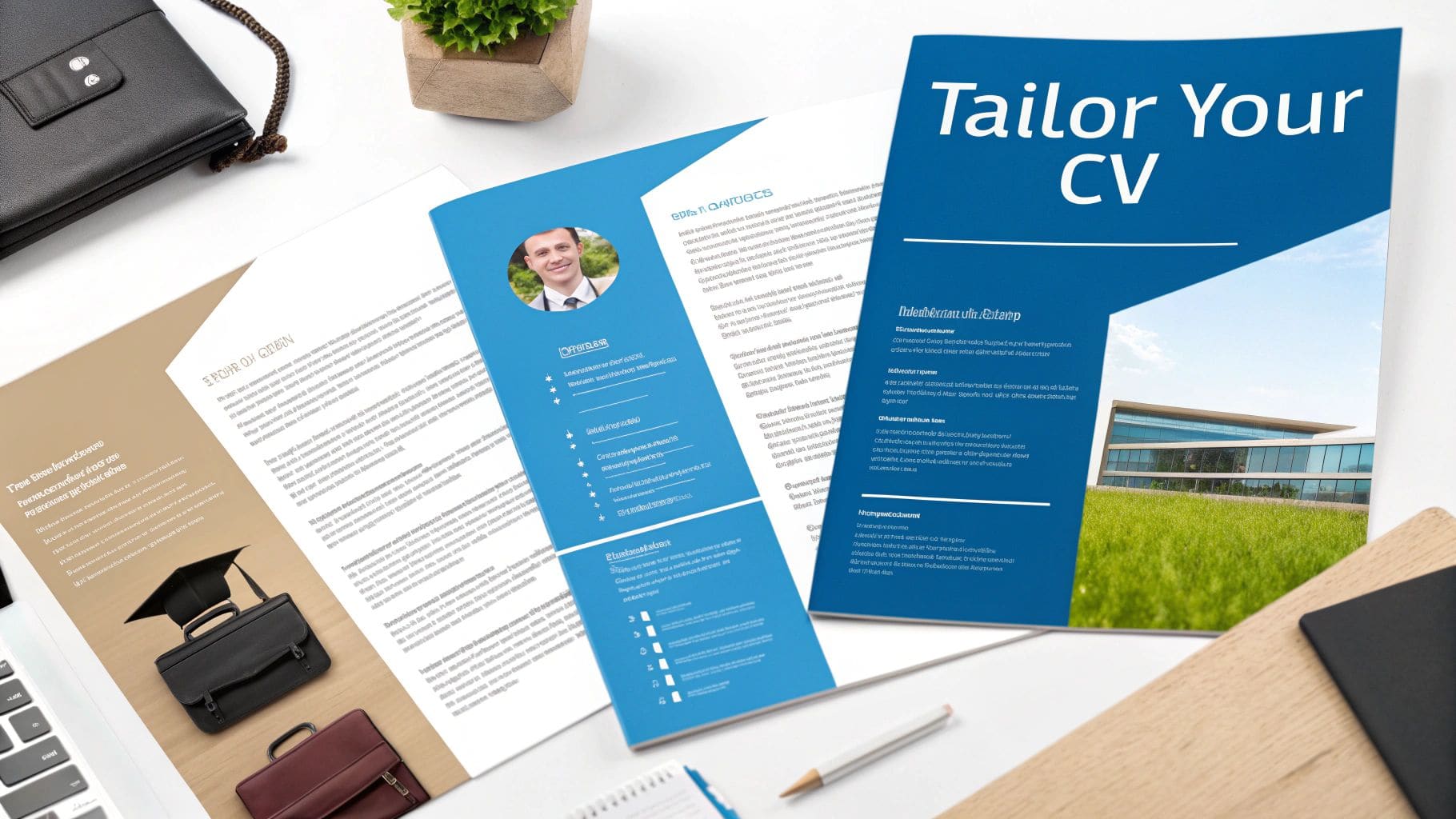 Flat lay desk setup featuring open curriculum vitae documents, laptop and professional accessories for job application preparation and CV customisation