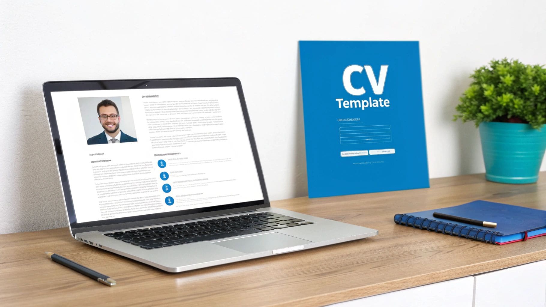 Laptop displaying CV with CV Template folder on wooden desk for professional UK CV template setup and job application preparation