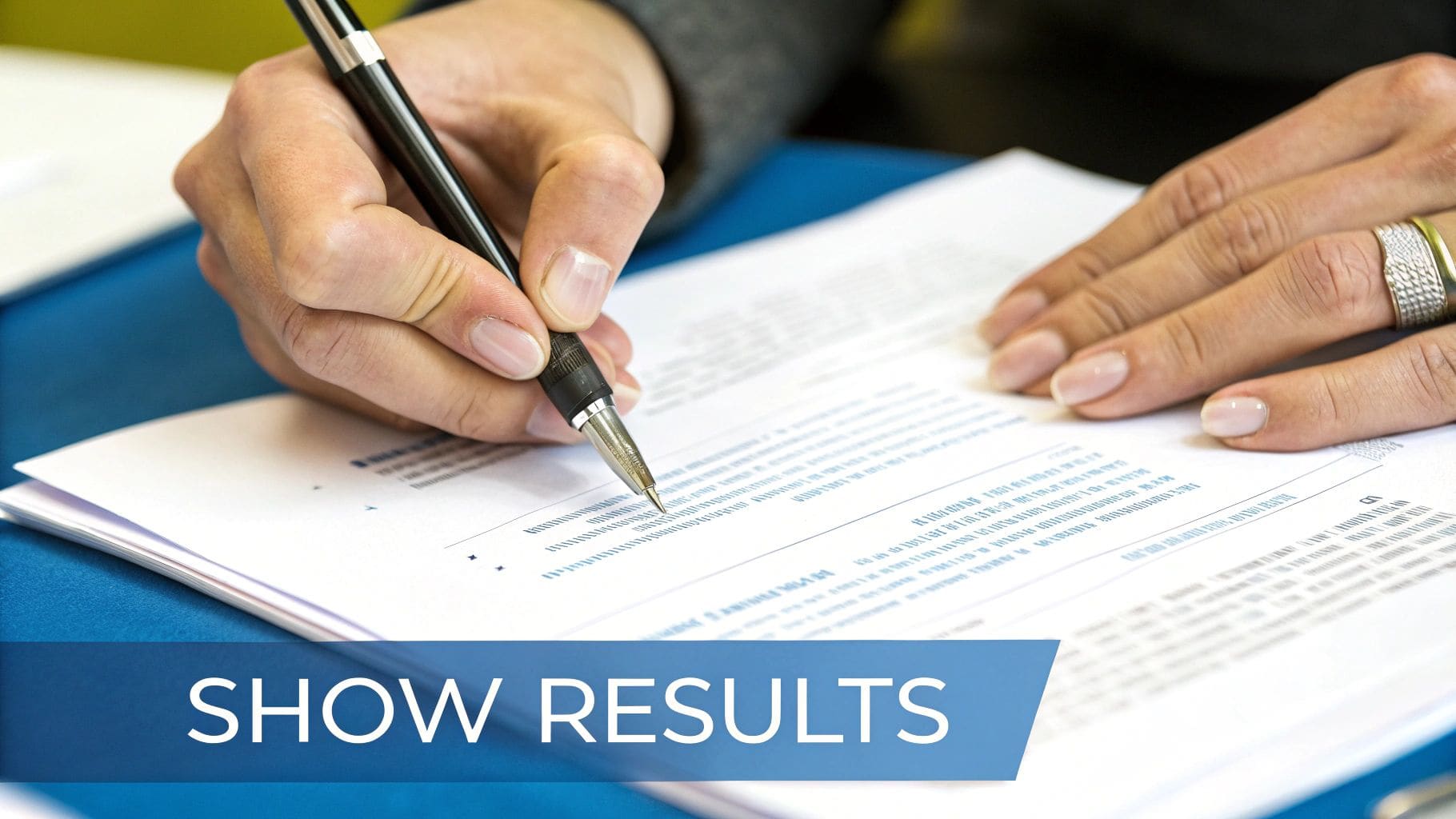 Close-up of person's hands holding pen and writing on document on blue surface for professional CV writing and job application preparation