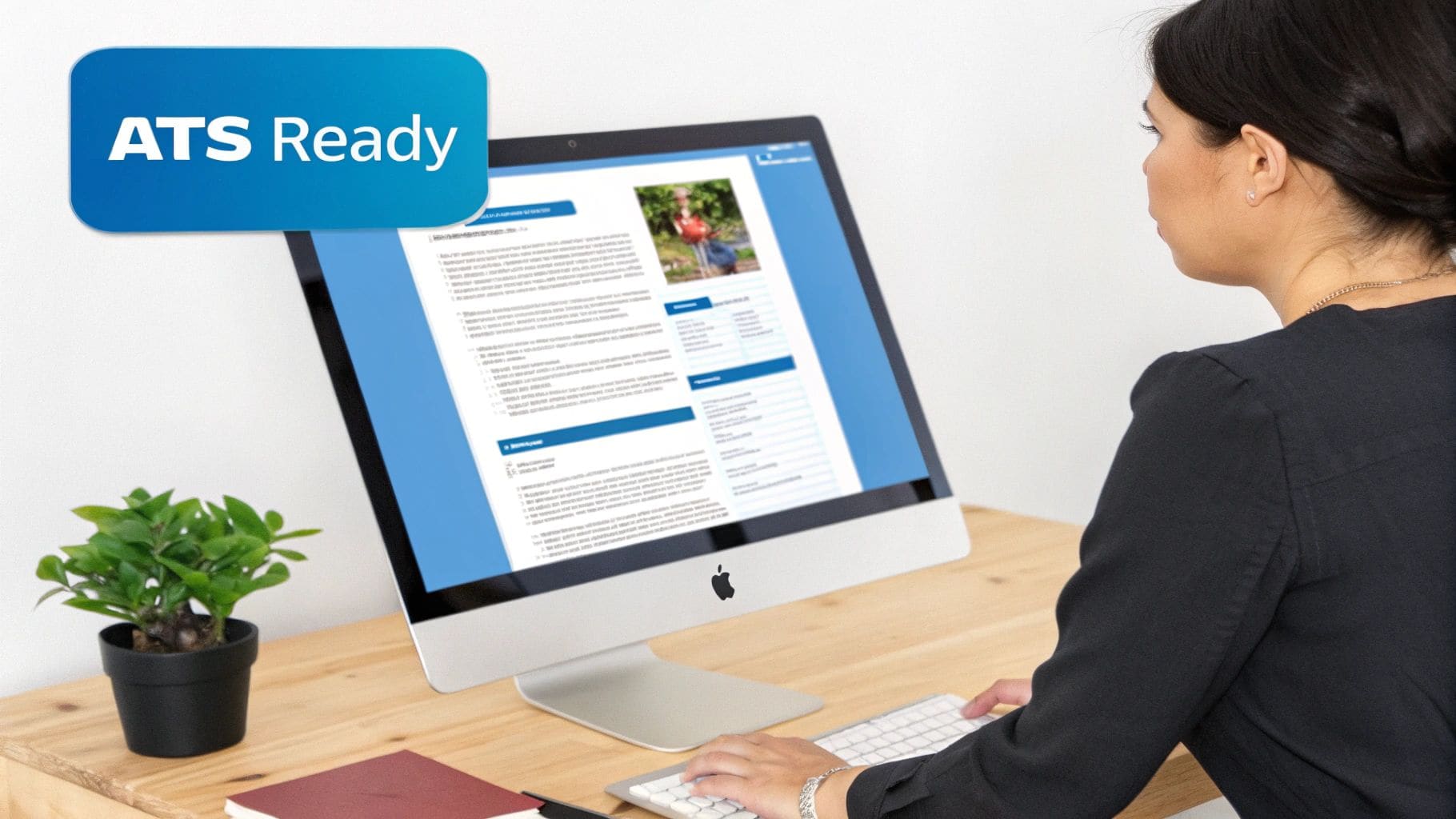 Person working on computer screen displaying ATS Ready CV template for applicant tracking system optimisation and UK job applications