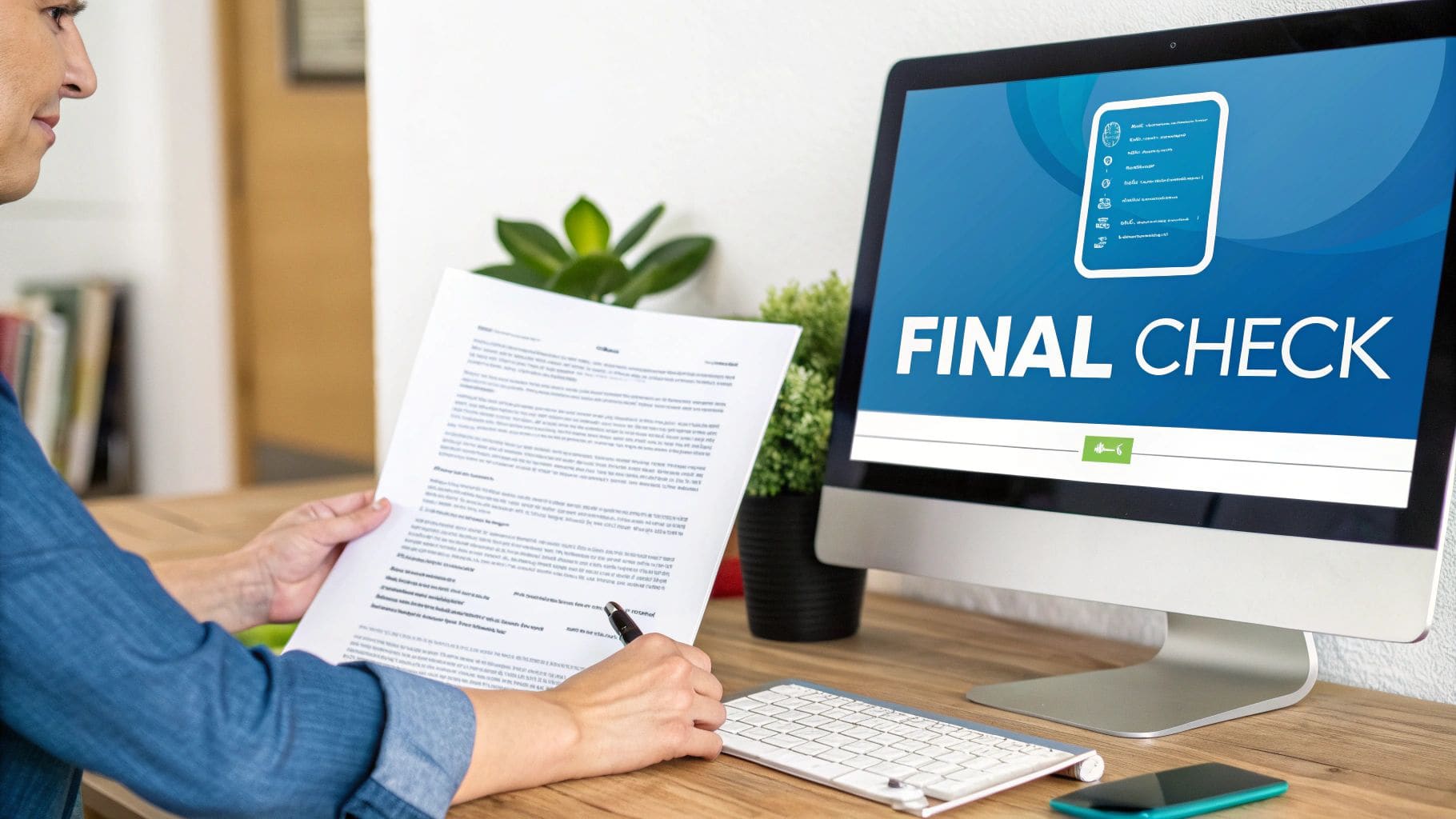 Person reviews paper document and computer screen displaying FINAL CHECK for comprehensive CV review and job application quality control