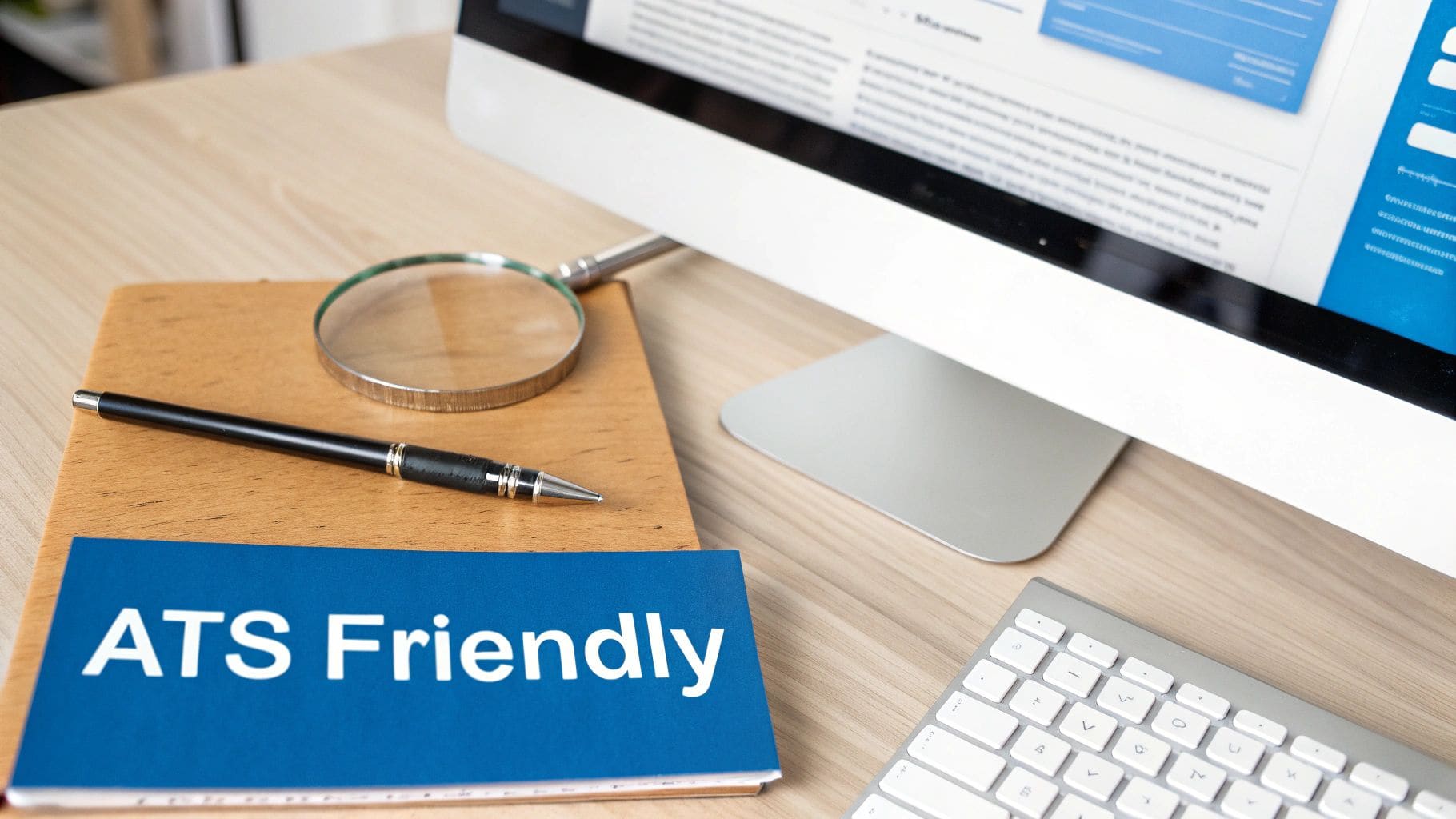Desk with monitor displaying document, pen, magnifying glass and notebook titled ATS Friendly for applicant tracking system optimization guide