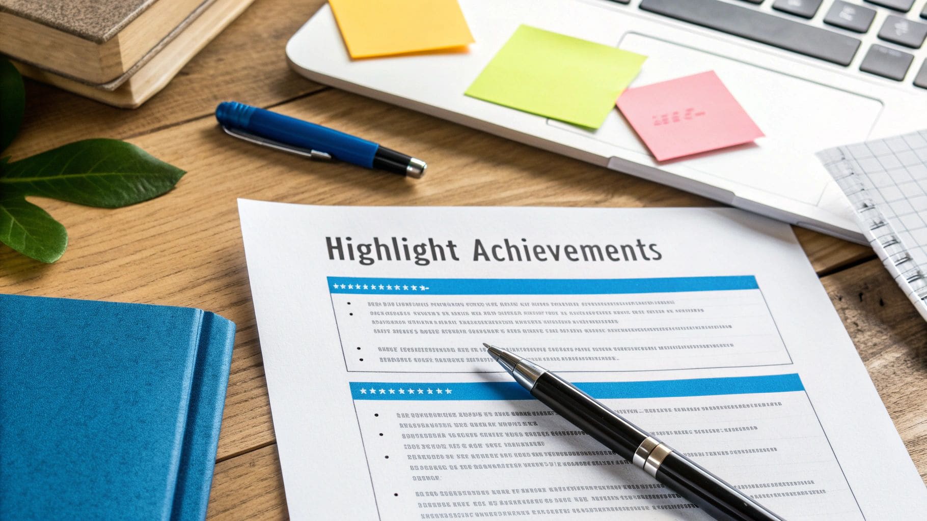 Document titled Highlight Achievements on wooden desk with pen, laptop and sticky notes for professional resume achievement writing guide