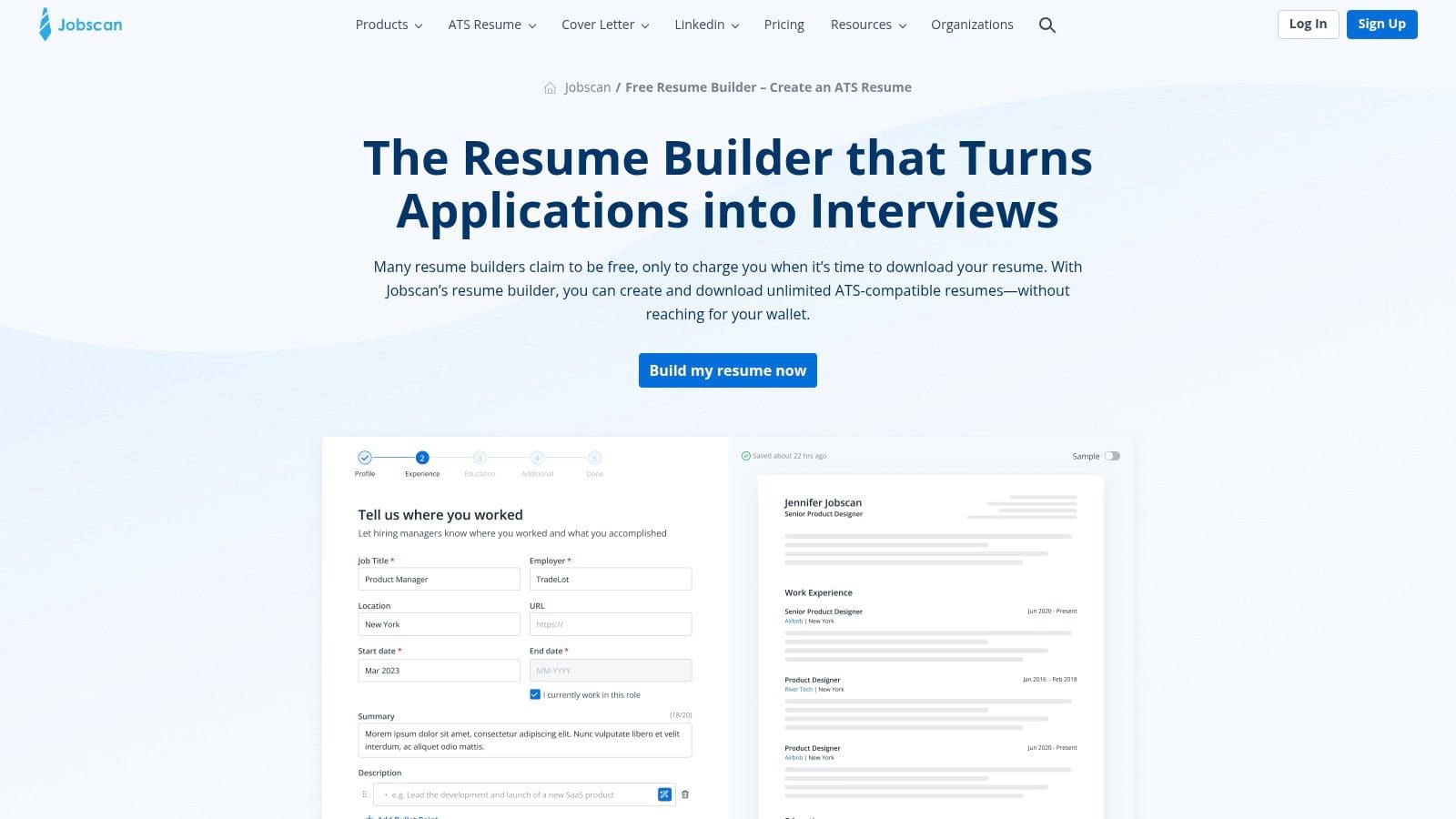 Jobscan free ATS-friendly resume builder interface showing ATS-optimised templates, LinkedIn import and unlimited PDF downloads for beating applicant tracking systems