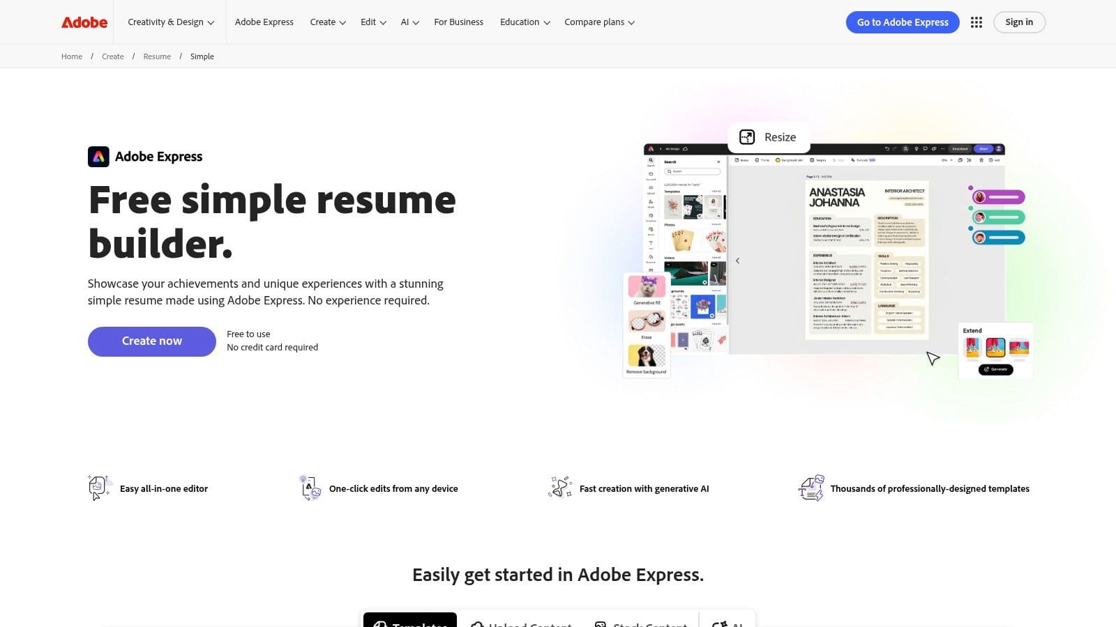 Adobe Express simple resume builder online editor showing generative AI assistant and professional templates for free resume creation and design