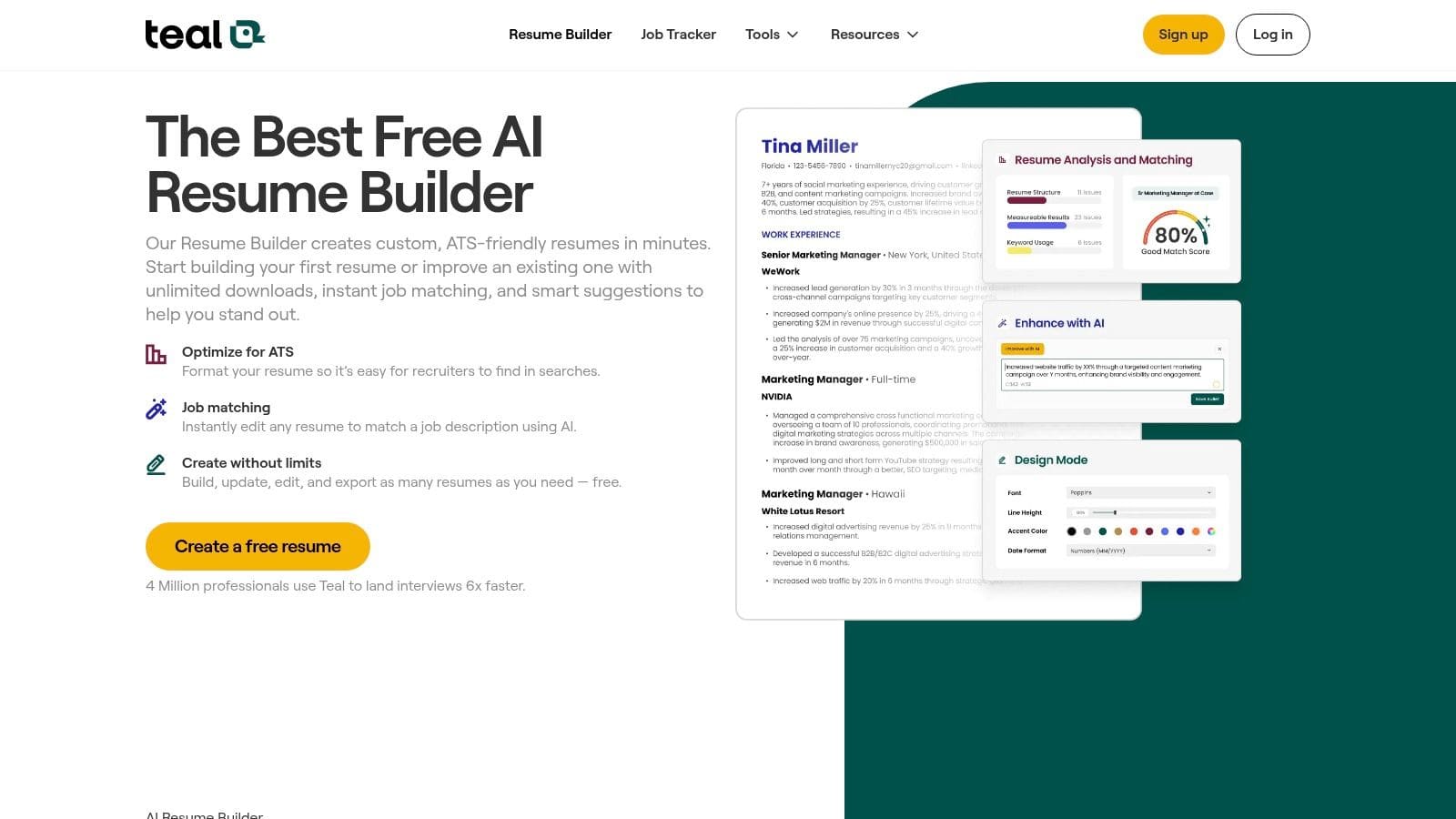 Teal free AI resume builder interface displaying unlimited resumes feature, job tracker and ATS-friendly templates for comprehensive job search management